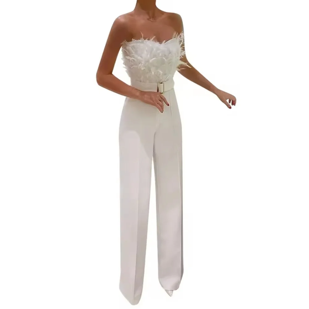 Women'S Casual Fashion Bodycon Jumpsuit SolidColor With Feather Decoration Tigh - Picture 2 of 5